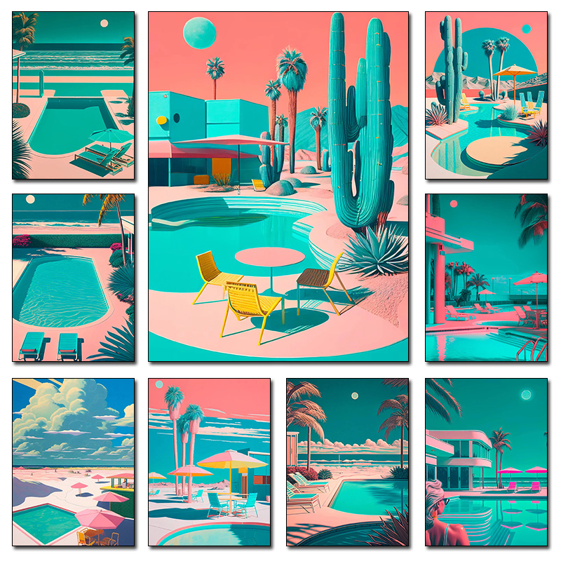 Resin Art Home Decor - Retro Futurystyczny Plażowy Krajobraz z Palmami,